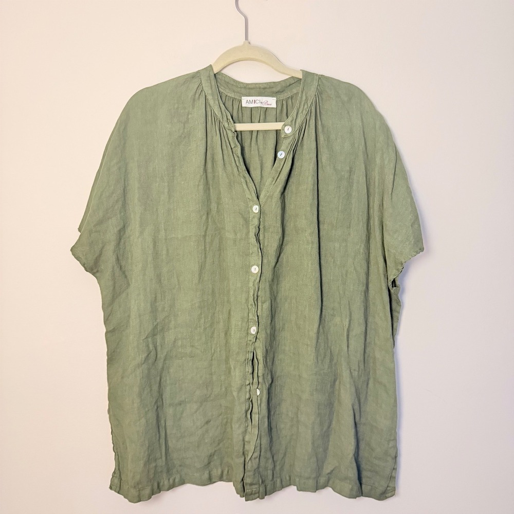 Amici by Baci Italian 100% Linen Button Down Short Sleeve Top Women's SZ S